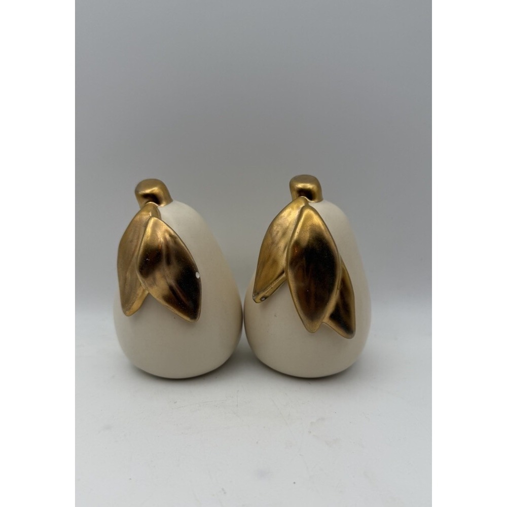 Vintage Mid-Century White Ceramic Pears‎ Gold Leaf Figurines Japan Pair 3"